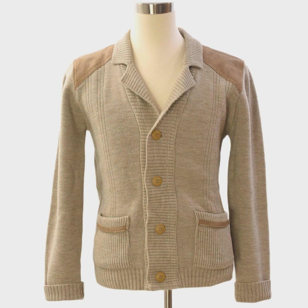 80s Vintage Leather Trim Cardigan Sweater Mens S Taupe Beige Ribbed Knit Mod Dad